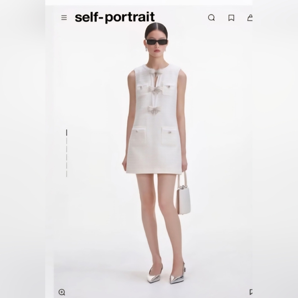 Self-Portrait White Sleeveless Mini Dress with Bow Detail